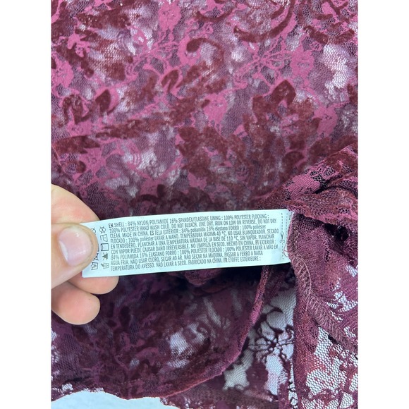 Romantic Goth Forever 21 Small Burgundy Sheer Flocked Floral Lace Mock Neck Top - Picture 8 of 8
